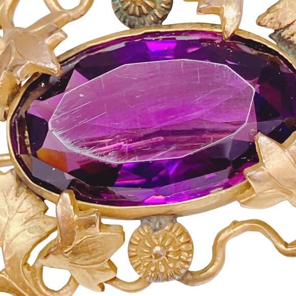 Antique Art Nouveau Gold Tone Ivy Vine Brooch Purple Glass Edwardian 1900s Pin - Picture 8 of 14